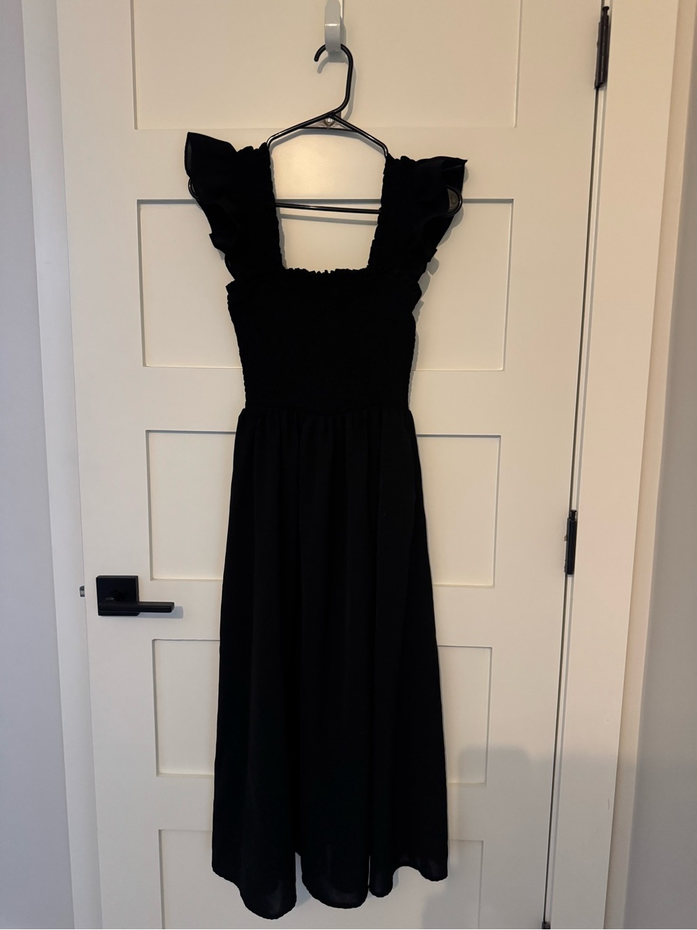 Black Smocked Midi Dress with Ruffle Shoulders (and pockets!)